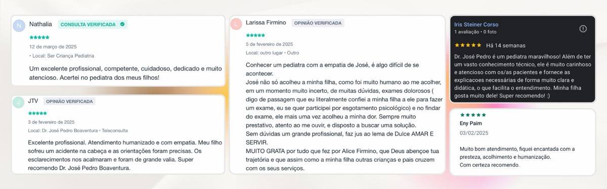Avaliações verificadas de pacientes — Nathalia, JTV, Larissa Firmino, Iris Steiner Corso, Eny Paim